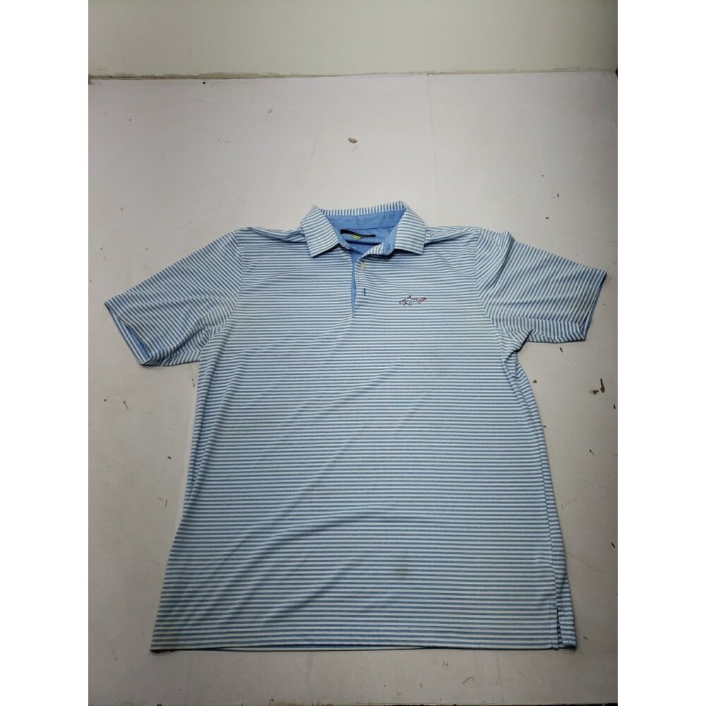 Greg Norman Polo Shirt Mens L Blue Striped Golf Size Large Short Sleeve Play Dri